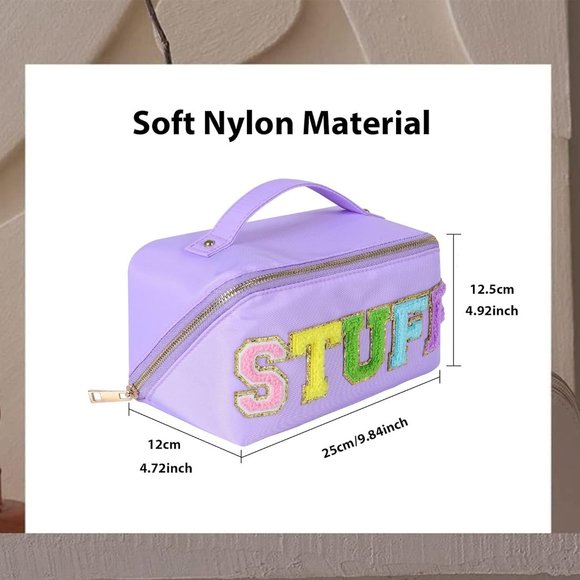 Women Chenille Letter Open Flat Nylon Stuff Makeup Travel Cosmetic Bag Purple - Picture 5 of 9